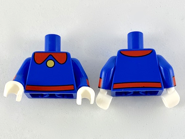 Lego Torso Red Collar and Belt with Gold Button Pattern / Blue Arms with Red Cuff Pattern / White Hands