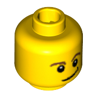 Lego Minifig Head, Brown Eyebrows, Eyes with White Pupils, Crooked Smile with Black Dimple Print / Yellow