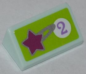Lego Slope 30 1 x 2 x 2/3 with Star and Purple Number 2 in White Circle on Lime Background Pattern (Sticker) - Set 41007