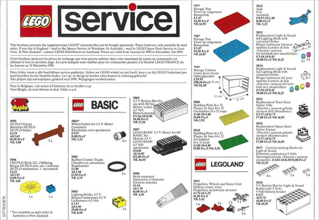 Lego 1990 Medium Service Packs GB/AUS/NZ/F/NL/B (113778/113878)