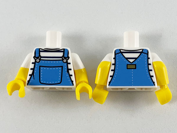 Lego Torso Shirt with Black Stripes and Medium Blue Overalls Pattern / Yellow Arms with Molded White Short Sleeves Pattern / Yellow Hands
