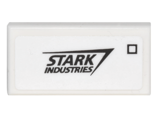 Lego Tile 1 x 2 with Envelope with 'STARK INDUSTRIES' and Black Stamp Square Pattern (Sticker) - Set 76060 / White