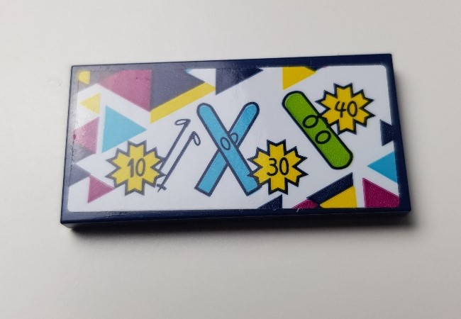 Lego Tile 2 x 4 with Ski Poles, Skis, Snowboard and Rental Prices '10', '30', '40' Pattern (Sticker) - Set 41324 / Dark Blue