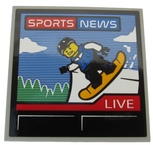 Lego Tile 6 x 6 with Bottom Tubes, Textured Surface with TV Screen with 'SPORTS NEWS', 'LIVE' and Snowboarder Pattern (Sticker) - Set 60203 / Light Bluish Gray