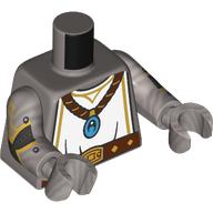 Lego Torso, White Tabard, Gold Trim, Reddish Brown Necklace, Azure Pendants, Belt, Flask On Back print, Flat Silver Arms and Hands / Flat Silver