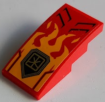 Lego Slope, Curved 4 x 2 with Bright Light Orange Flames, Vents and Gold Ninjago Logogram Letter K Pattern (Sticker) - Set 71780 / Red