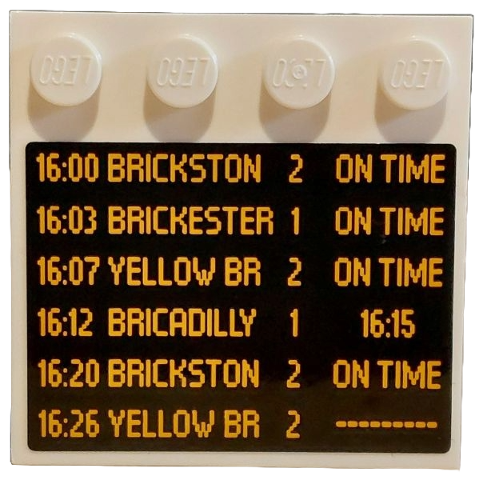 Lego Tile, Modified 4 x 4 with Studs on Edge with Black and Bright Light Orange Train Departures Schedule Pattern (Sticker) - Set 910034 / White