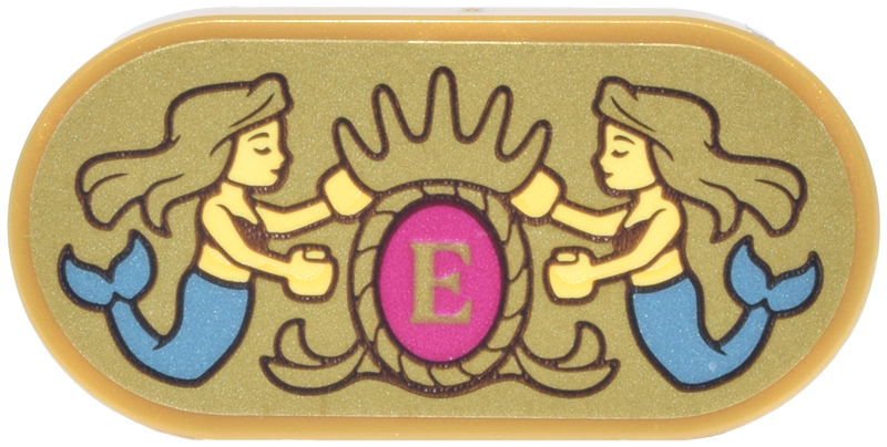 Lego Tile, Round 2 x 4 Oval with 2 Mermaids with Metallic Light Blue Fins, Crest with Crown and Magenta Oval and Letter E Pattern (Sticker) - Set 43299 / Pearl Gold