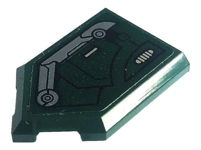 Lego Tile, Modified 2 x 3 Pentagonal with Black Lines and Dark Bluish Gray, Dark Green and Silver Armor Plates Pattern Model Left Side (Sticker) - Set 76195