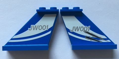 Lego Tail 4 x 1 x 3 with White Curved Stripes and 'JW001' on Blue Background Pattern on Both Sides (Stickers) - Set 75915