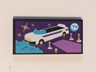 Lego Tile 2 x 4 with White Convertible Car and Blue 'TV' Pattern (Sticker) - Set 41101 / Black