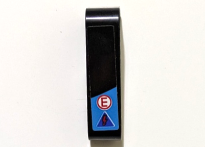 Lego Technic, Liftarm, Modified Bent Thick L-Shape 2 x 4 with Dark Azure Trapezoid Stripe, Red Capital Letter E in White Circle and Blue Electricity Danger Triangle Pattern Model Left Side (Sticker) - Set 42162 / Black