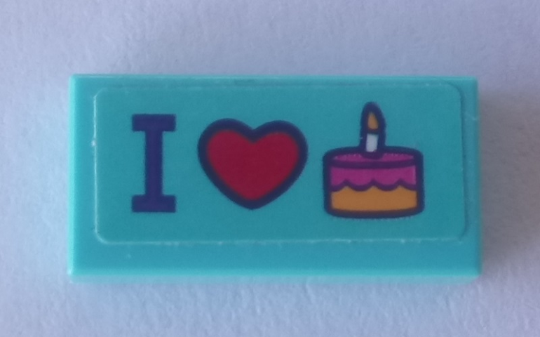 Lego Tile 1 x 2 with 'I' Heart and Cake Pattern (Sticker) - Set 41310 / Medium Azure