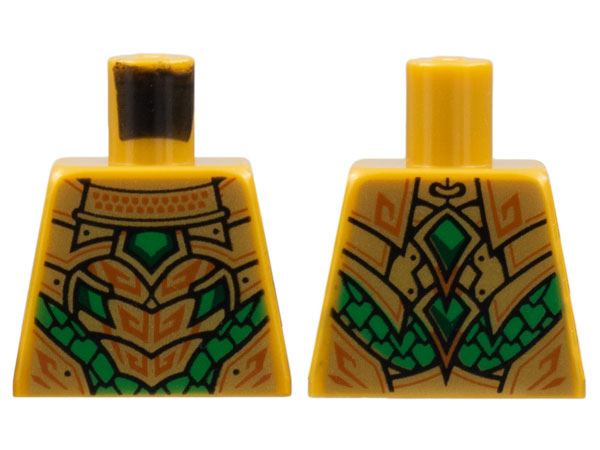 Lego Torso Plate Armor, Green Scales, Dark Orange Trim Pattern / Pearl Gold