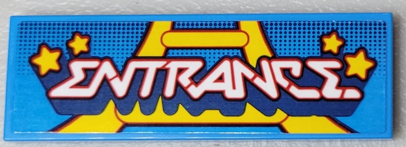 Lego Tile 2 x 6 with 'ENTRANCE', Yellow Rollercoaster Track and 4 Stars Pattern (Sticker) - Set 10303 / Dark Azure