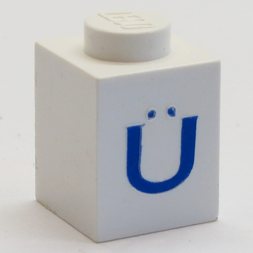 Lego Brick 1 x 1 with Blue 'Ü' Print / White