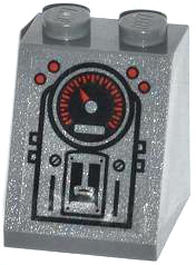 Lego Slope 65 2 x 2 x 2 with Bottom Tube with 4 Red Buttons, Gauge,  2 Screws and Panels Pattern (Sticker) - Set 79104 / Dark Bluish Gray