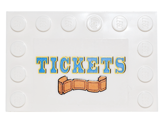 Lego Tile, Modified 4 x 6 with Studs on Edges with Blue and Yellow 'TICKETS' and Orange Ticket Strip Pattern (Sticker) - Set 10244 / White