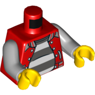 Lego Torso Letterman Jacket, Open over White and Dark Bluish Gray Striped Undershirt Print, Light Bluish Gray Arms, Yellow Hands / Red