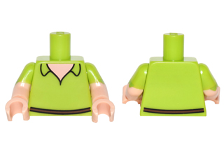 Lego Torso Shirt with Open Collar, Light Nougat Neck, Dark Brown Belt Pattern / Light Nougat Arms with Lime Short Sleeves with Scalloped Edge Pattern / Light Nougat Hands