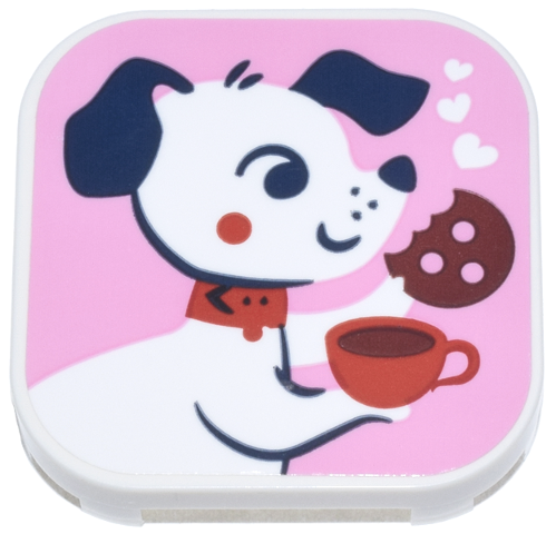 Lego Tile, Modified 4 x 4 with Rounded Corners and 4 Feet with Dog with Dark Blue Ears, Red Collar and Coffee Cup, and Dark Red Cookie on Bright Pink Background Pattern (Sticker) - Set 42677