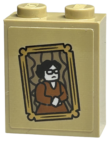 Lego Brick 1 x 2 x 2 with Inside Stud Holder with Picture of Woman in Glasses and Dark Orange Dress in Gold Frame Pattern (Sticker) - Set 40577 / Tan