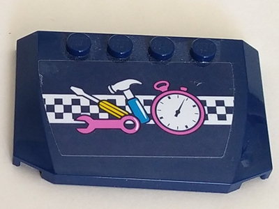 Lego Wedge 4 x 6 x 2/3 Triple Curved with Stopwatch, Tools and Checkered Stripe Pattern (Sticker) - Set 41348 / Dark Blue