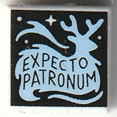Lego Tile 1 x 1 with Black 'EXPECTO PATRONUM' Print / White