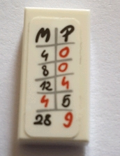 Lego Tile 1 x 2 with Scoreboard with Black and Red Letters and Numbers 'M P 4 0 8 0 12 4 4 5 28 9' Pattern (Sticker) - Set 75827