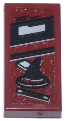 Lego Tile 1 x 2 with Book with Black and White Banner, Witch Hat and Wand Pattern (Sticker) - Set 76218 / Dark Red