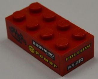 Lego Brick 2 x 4 with 'SPHERE', 'SUBSOUND LIMITER' and 'POWER' on Left Side and 'FOLLOW' and 'RAIZR' on End Pattern (Stickers) - Set 8186