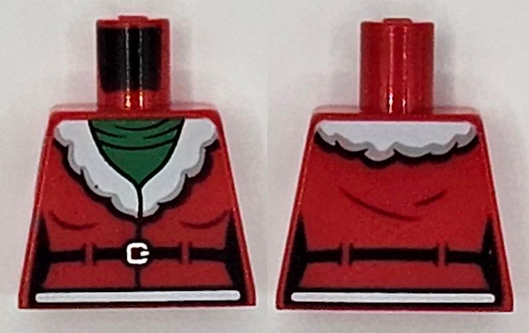 Lego Torso Female Santa Jacket with White Fur Collar over Green Turtleneck Sweater, Black Belt, Silver Buckle Pattern / Red
