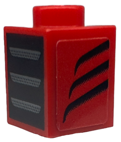 Lego Brick 1 x 1 with Dark Silver Grille / Air Vents on Black Background and Black Tapered Curved Stripes Pattern Model Left Side (Sticker) - Set 76914 / Red
