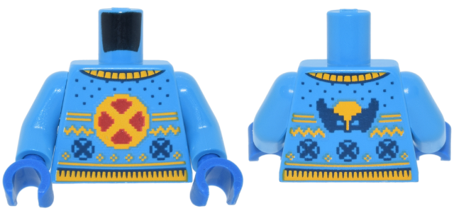 Lego Torso Knit Fair Isle Holiday Sweater with Red and Bright Light Orange X-Men Cross, Stripes and Ribbing, Dark Blue Wolverine Helmet on Back Pattern / Dark Azure Arms / Blue Hands