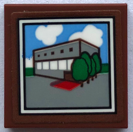 Lego Tile 2 x 2 with Picture of Office Block Exterior, Clouds and Trees Pattern (Sticker) - Set 21336