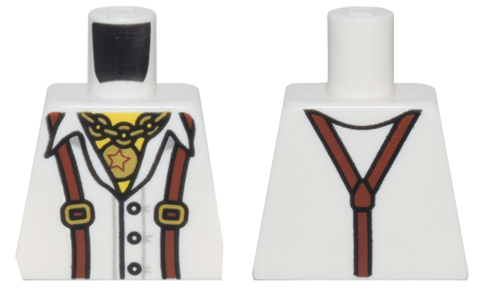 Lego Torso Shirt with Open Collar, Reddish Brown Suspenders, and Gold Chain and Star Pendant Pattern / White