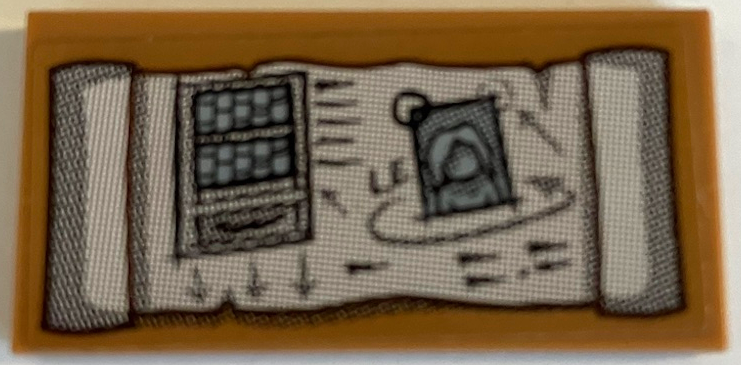 Lego Tile 2 x 4 with White Scroll with Bookshelf, Arrows and Picture of Girl Pattern (Sticker) - Set 70425 / Medium Nougat