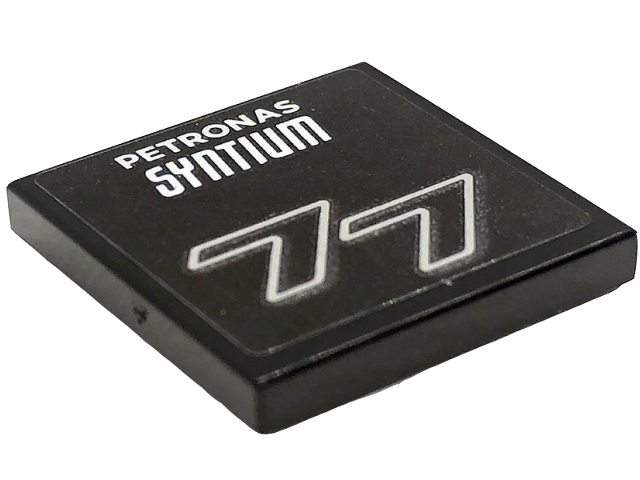 Lego Tile 2 x 2 with White 'PETRONAS SYNTIUM' and Number 77 Pattern (Sticker) - Set 76909 / Black