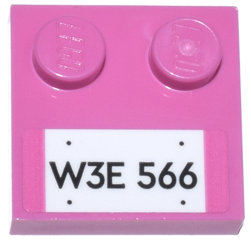 Lego Tile, Modified 2 x 2 with Studs on Edge with White License Plate and Black 'W3E 566' Pattern (Sticker) - Set 77241 / Dark Pink