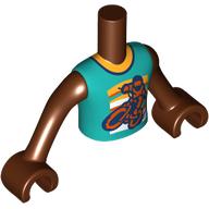 Lego Minidoll Torso Boy with Reddish Brown Arms and Hands with Dark Turquoise Shirt, Orange Collar, Motorcycle Print / Reddish Brown