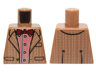 Lego Torso Tweed Suit Jacket over Red Stripe Button Down Shirt and Dark Red Bow Tie Pattern / Medium Nougat