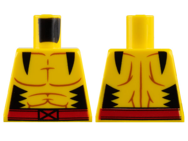 Lego Torso Super Hero Costume with Reddish Brown Muscles Outline, Black Jagged Panels, Red Belt with X-Men Logo Buckle Pattern