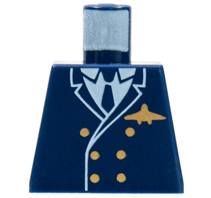 Lego Torso Airplane Pilot, Suit Double Breasted, Tie, Gold Buttons and Logo Pin Pattern / Dark Blue