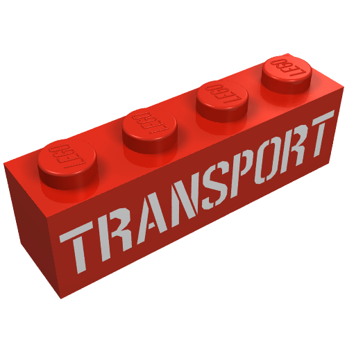 Lego Brick 1 x 4 with White 'TRANSPORT' Stencil Print / Red