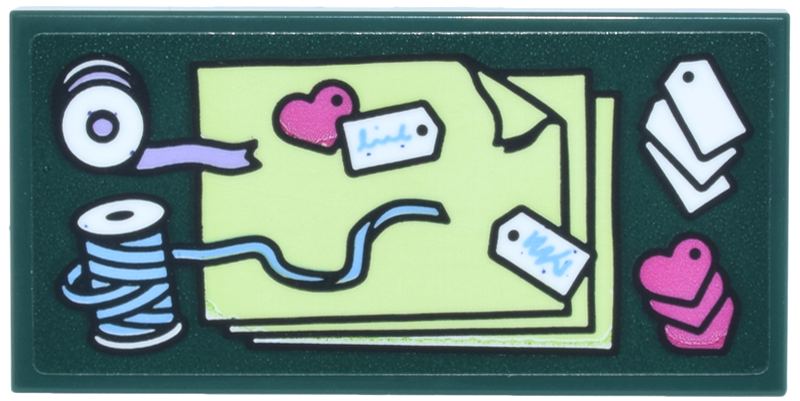 Lego Tile 2 x 4 with Yellowish Green Paper, White Ribbon Spools and Tags and Dark Pink Hearts Pattern (Sticker) - Set 42693 / Dark Green