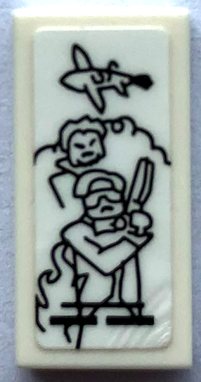 Lego Tile 1 x 2 with Black Drawing of 2 Characters with Airplane, Clouds and Flames (Threat Level Midnight Sketch) Pattern (Sticker) - Set 21336 / White