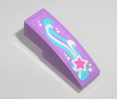 Lego Slope, Curved 3 x 1 with Magenta, White and Medium Azure Shooting Star Pattern Model Left Side (Sticker) - Set 41015 / Medium Lavender