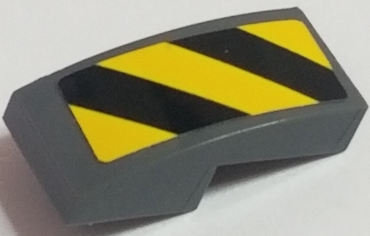 Lego Slope, Curved 2 x 1 x 2/3 with Black and Yellow Danger Stripes Pattern Right (Sticker) - Sets 60121 / 60122 / Dark Bluish Gray