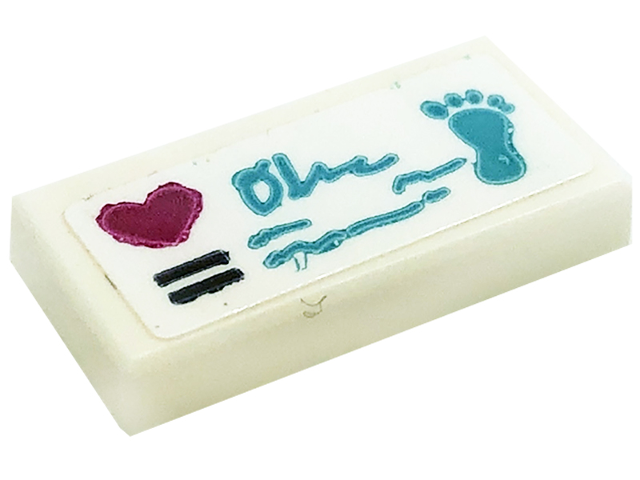 Lego Tile 1 x 2 with Magenta Heart, Black Lines, Medium Azure Scribbles and Footprint Pattern (Sticker) - Set 41318