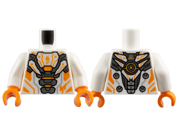 Lego Torso Armor, Dark Bluish Gray Plates, Orange and Yellow Trim Pattern / White Arms / Orange Hands